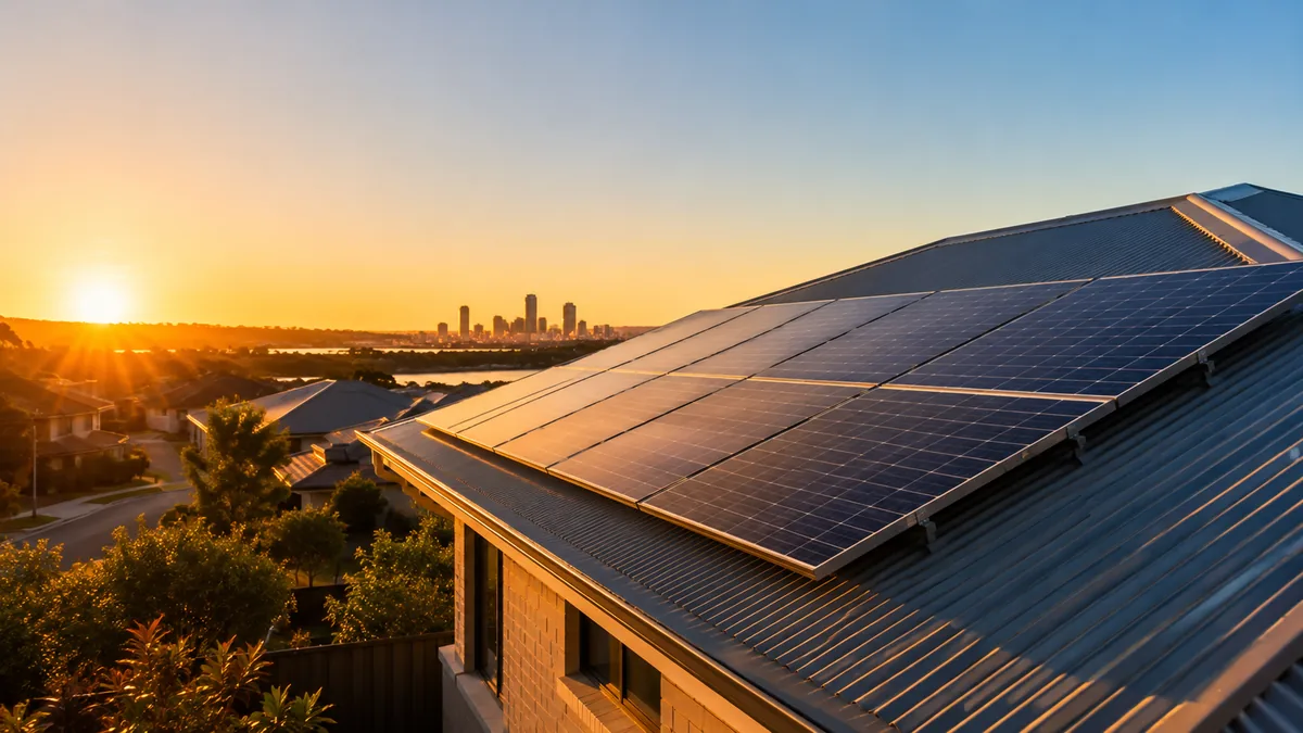 Solar panels in afternoon sun on a Perth roof