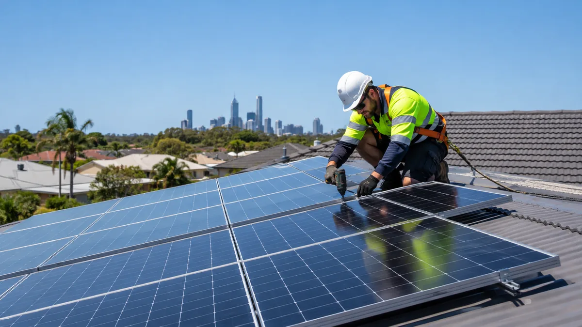 Solar installer fitting panels on a Perth home